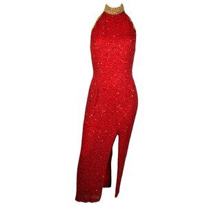 Vintage 80s Black Tie Oleg Cassini Nieman Marcus Red Thong Back Dress Slit